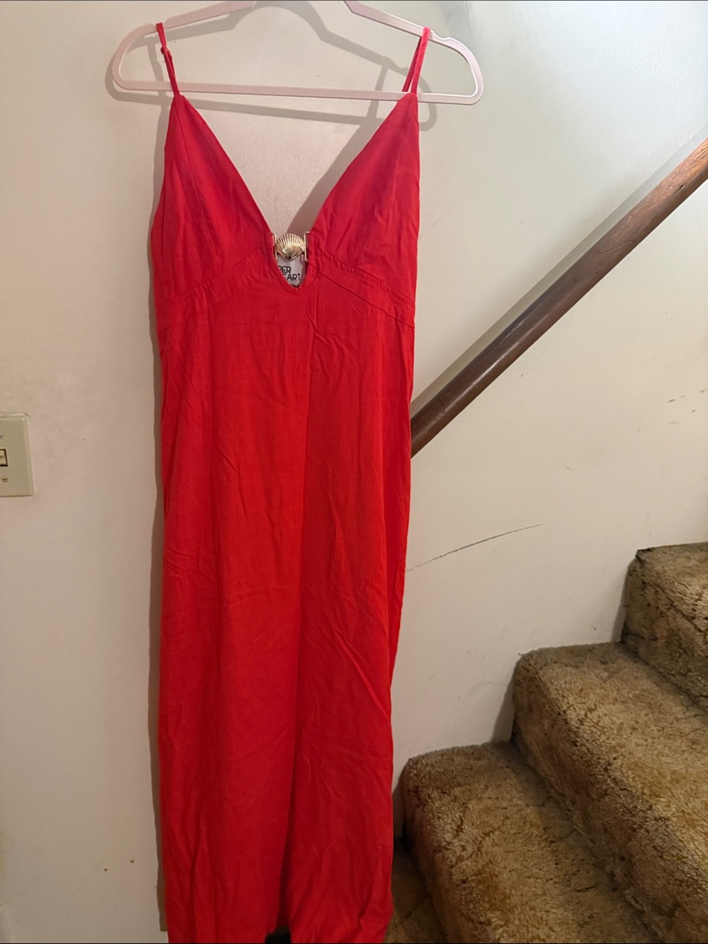 Women's Red V-Neck Maxi Slip Dress with Spaghetti Straps (bright orange red)